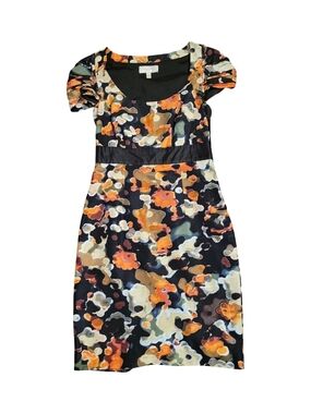 Moulinette Soeurs Black Dress with Orange, Cream & Olive Abstract Print
